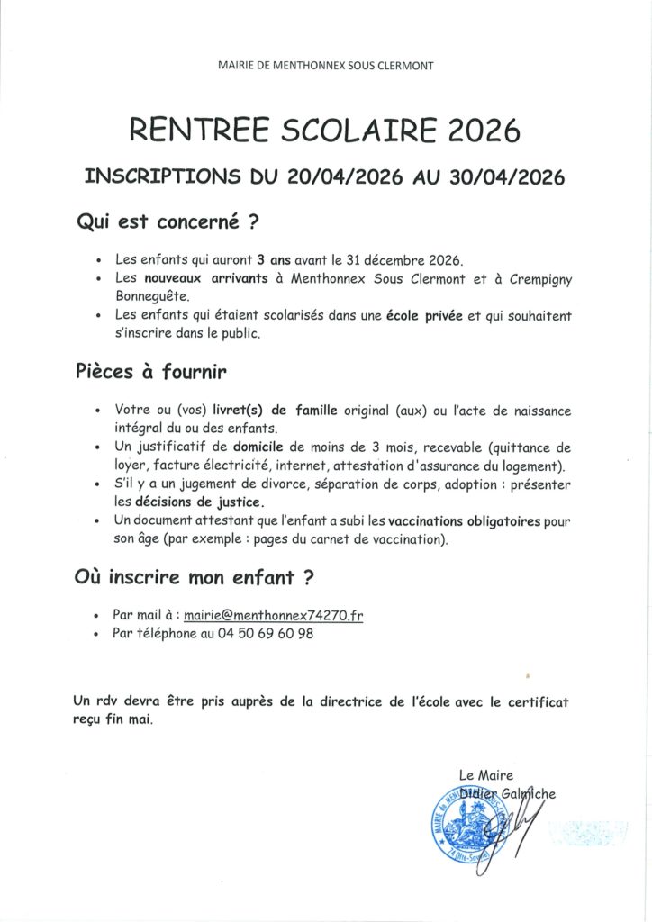Inscriptions Ecole 2026/2027